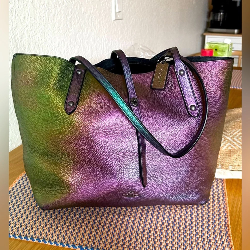 Coach Iridescent Green and Purple Pebbled Leather Tote - Picture 1 of 8